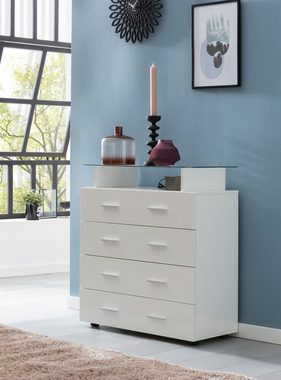 KADIMA DESIGN Kommode Hochglanz-Sideboard mit Glasplatte, Langlebig & modern, Weiß