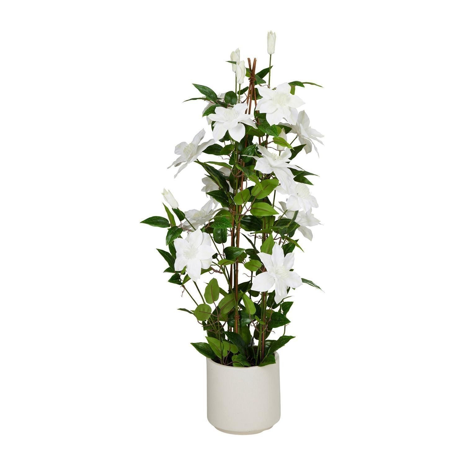 Kunstpflanze CLEO, Grün, Weiß, Kunststoff, Clematis, Koopman, Höhe 98 cm, mit cremeweißem Kunststofftopf, Ø 35 cm