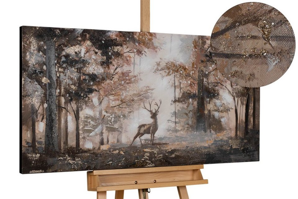 KUNSTLOFT Gemälde Stag in the Brume 120x60 cm, Leinwandbild 100% HANDGEMALT  Wandbild Wohnzimmer