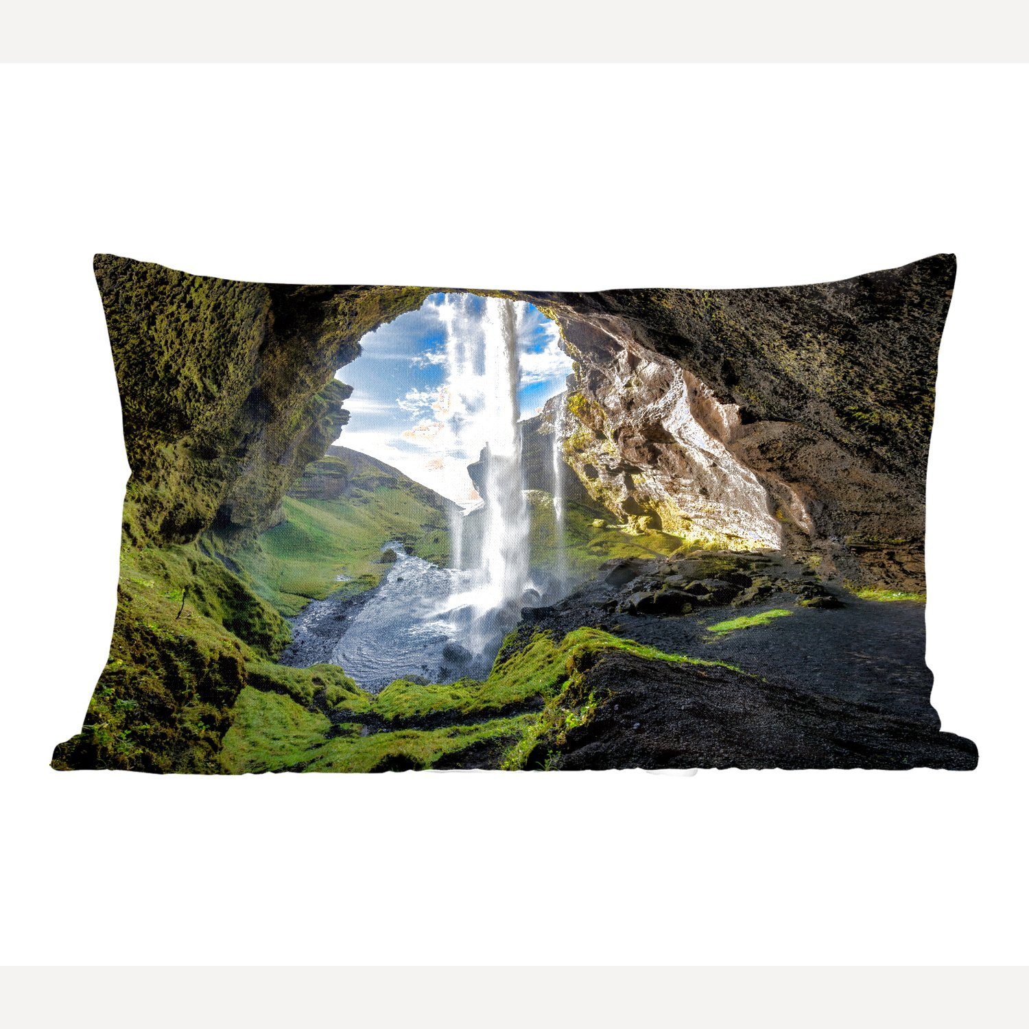 MuchoWow Dekokissen Wasserfall vor einer Höhle in Island, Wohzimmer Dekoration, Zierkissen, Dekokissen mit Füllung, Schlafzimmer