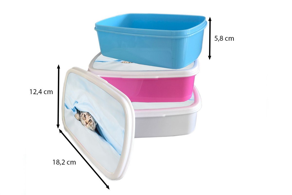 MuchoWow Lunchbox Ein Kätzchen unter Brotbox Snackbox, Kunststoff, einer rosa Decke, Mädchen, Kinder, für (2-tlg), Kunststoff Brotdose Erwachsene