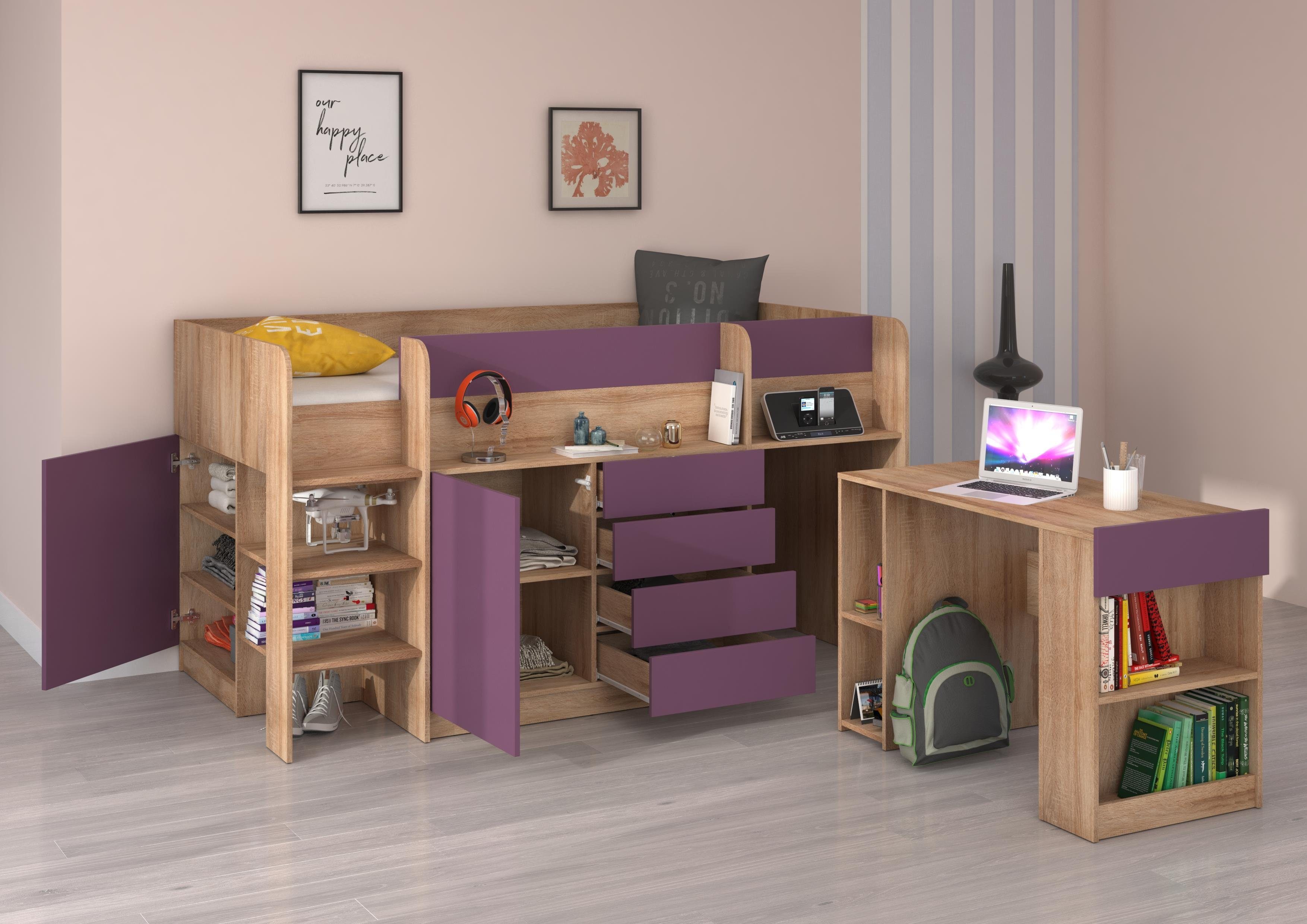 Schränken, Sonoma Breite Hochbett Schreibtisch und Eiche Regal Violett 204cm, Hochbett Sondrio mit und integrierten Domando