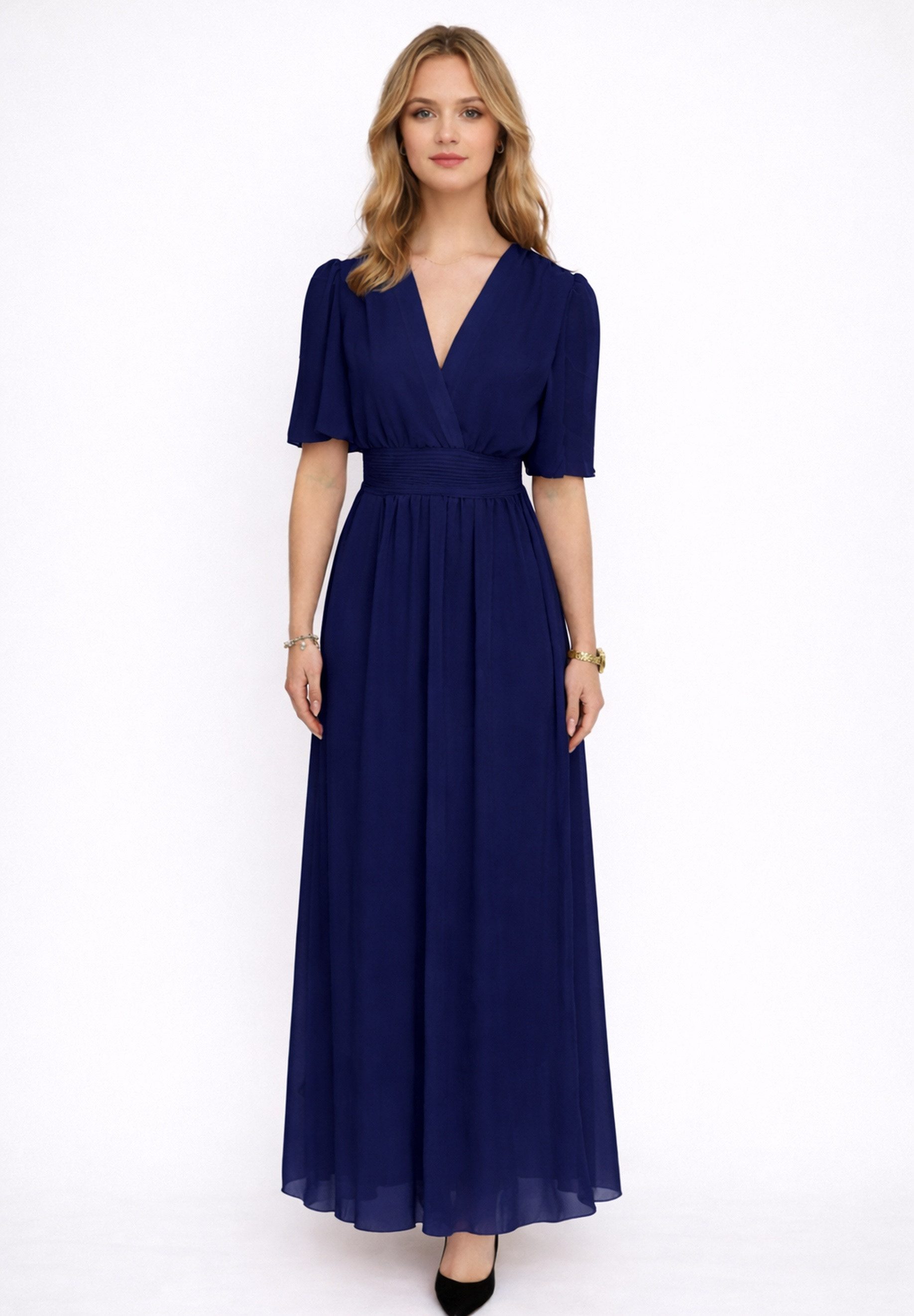 Elara Maxikleid Damen Maxikleid mit V-Ausschnitt, Flügelärmeln und gesmokter Taille (1-tlg)