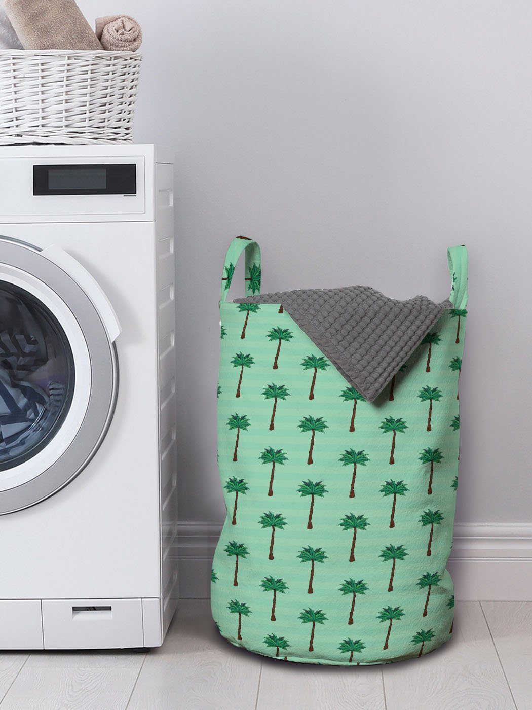 Wäschekorb für Streifen Tropisch Waschsalons, Wäschesäckchen Sommer-Palmen Griffen mit Abakuhaus auf Kordelzugverschluss
