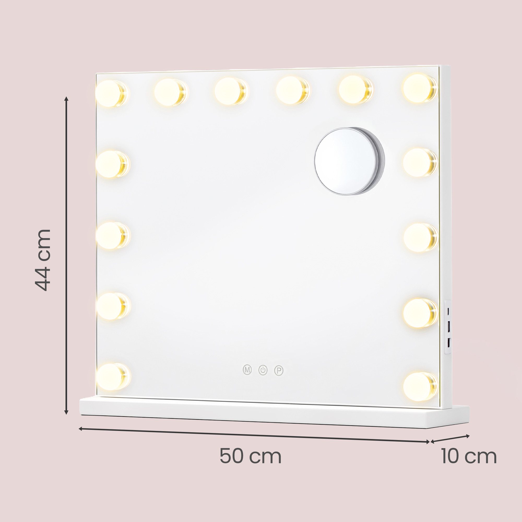 SONGMICS Spiegel Schminkspiegel mit Beleuchtung, 3 Lichtfarben, 10x Vergrößerung, 15 LEDs, 48 x 58 x 5,7 cm, Weiß