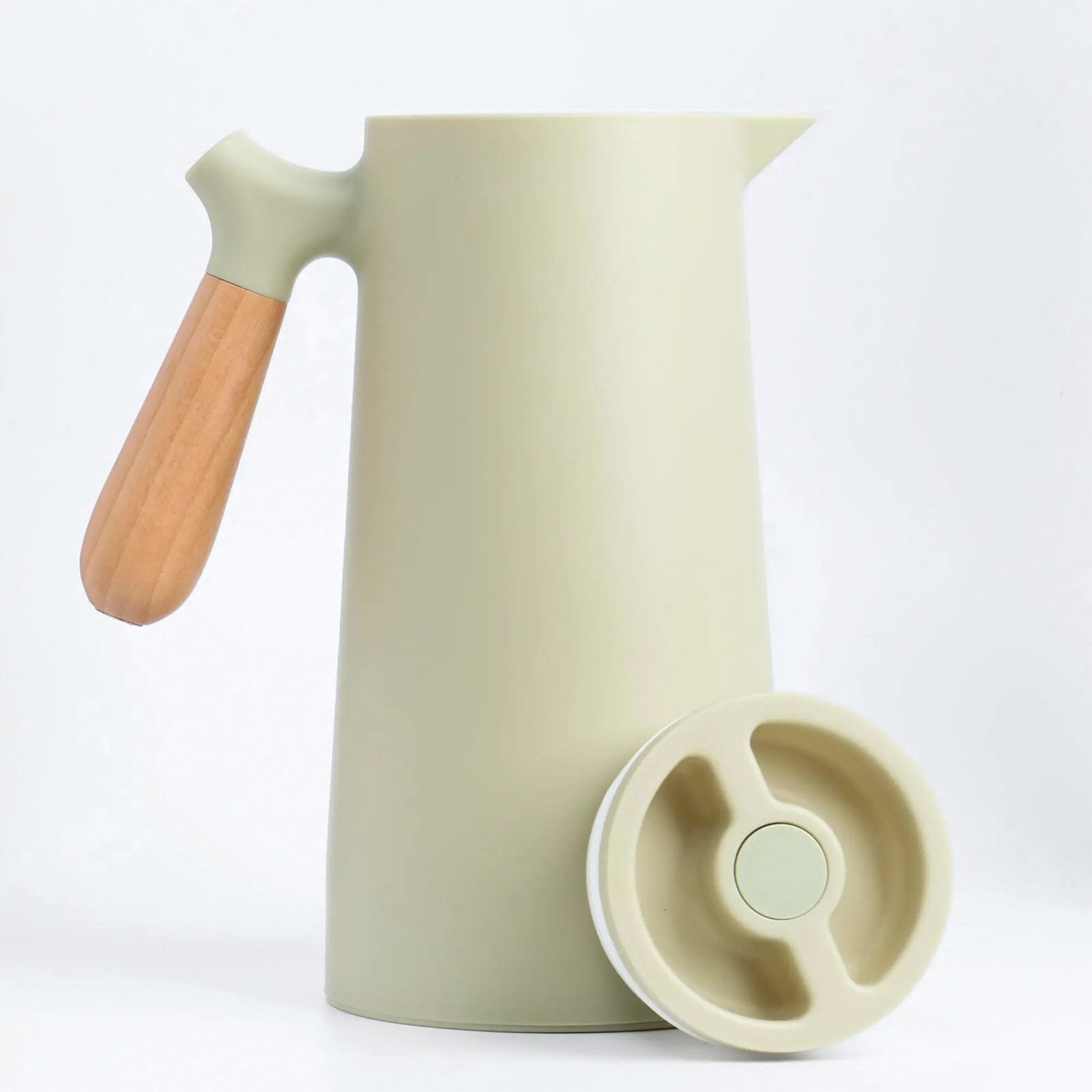 KVOTA Isolierkanne 1L Thermoskanne Glaskolbe Olive Holzgriff 1-Click Öffnung, 1 l