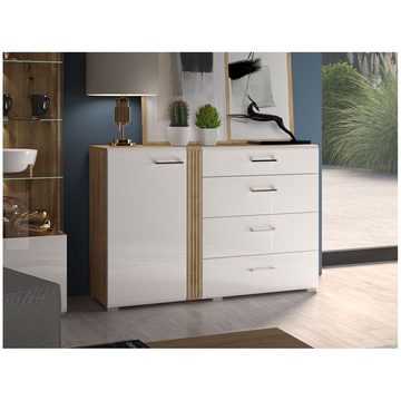 Lomadox Kommode AKRON-131, Sideboard in Eiche Nb. mit weiß Hochglanz, B/H/T: 134/90/42 cm