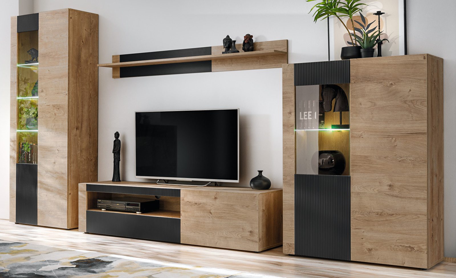 Inn.Furn Wohnwand Heron, (Schrankwand in Eiche mit Schwarz, 4-St., 25 Fächer, 350 x 192 cm), inklusive LED Beleuchtung