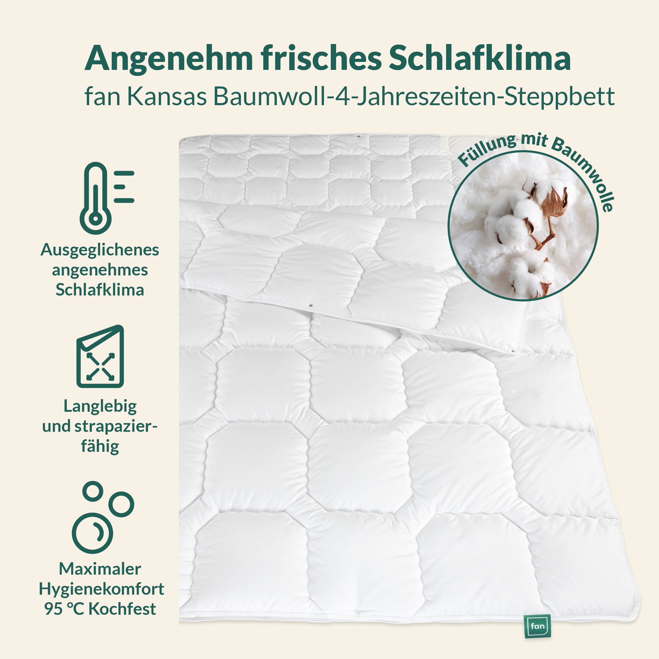 fan Baumwollbettdecke Kansas, Bettdecken für Sommer und Winter, Decke, Füllung: 100% Baumwolle, Bezug: 100% Baumwolle, Bettdecke 135x200 cm, 155x220 cm und weiteren Größen, Made in Germany