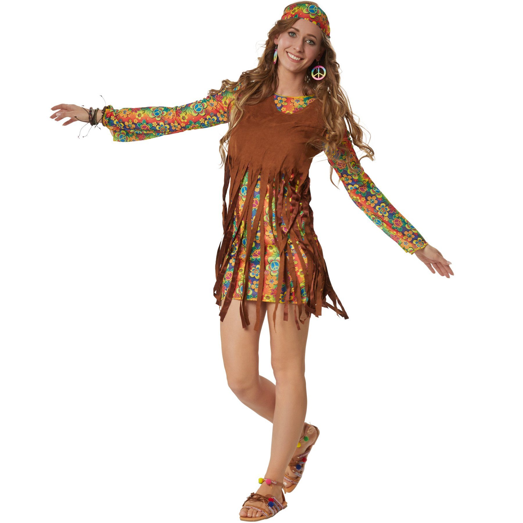dressforfun Hippie-Kostüm Blumenkind/Friedensfreund, in bunt, Kurzes Kleid mit bunten Mustern, Gr. XXL, Ärmellose Weste in Wildlederoptik mit langen Fransen