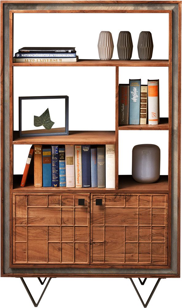 DELIFE Highboard Stonegrace, Akazie Braun Steinfurnier 90x150 cm V-Fuß Schwarz Highboard