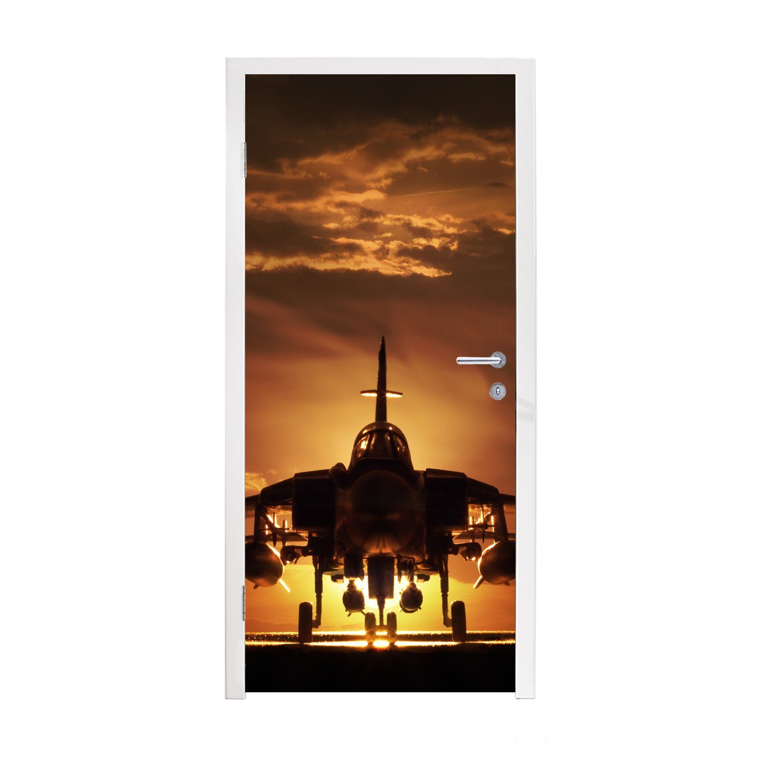 MuchoWow Türtapete Die Silhouette eines 75x205 bedruckt, Fototapete bei (1 Matt, Sonnenuntergang, Türaufkleber, Kampfjets für St), Tür, cm