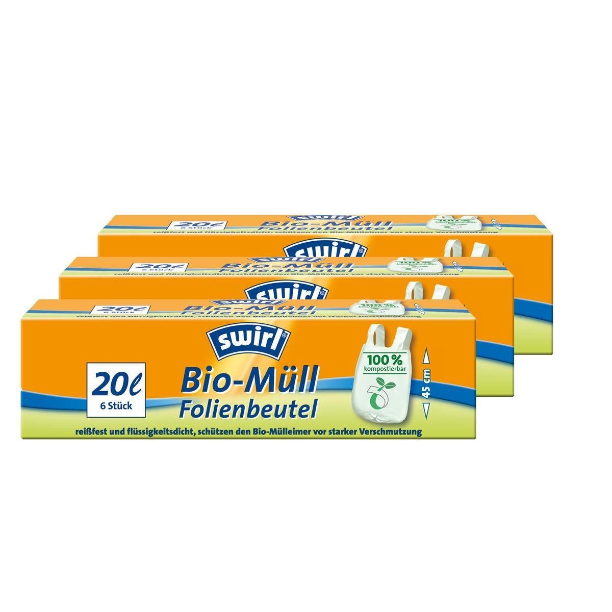 Swirl Müllbeutel Swirl Bio-Müll Folien-Beutel 20l mit Tragegriff 6stk./Rolle (3er Pack)