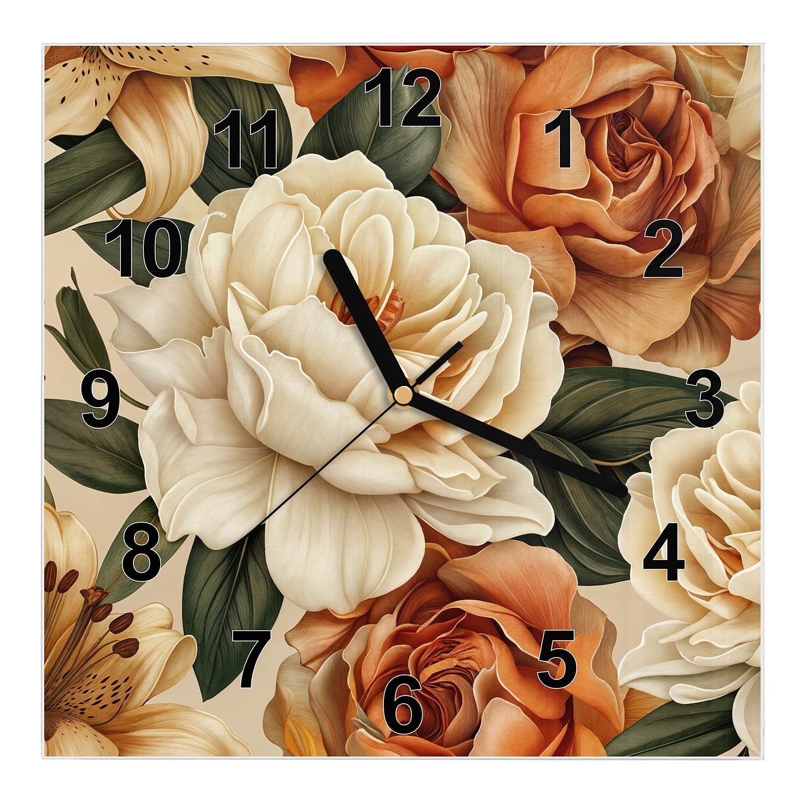 Wanduhr Glasuhr Wanduhr Wandkunst Größe 30 x 30 cm mit Motiv Blumenpracht