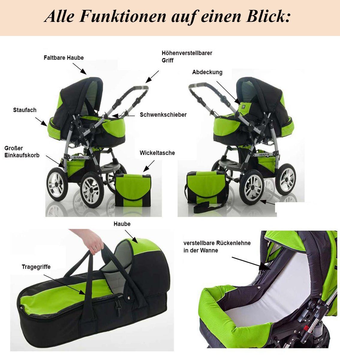 Anthrazit-Grün 5 - Farben Kinderwagen-Set - in Kombi-Kinderwagen babies-on-wheels inkl. Autositz 18 1 in 17 Teile Flash