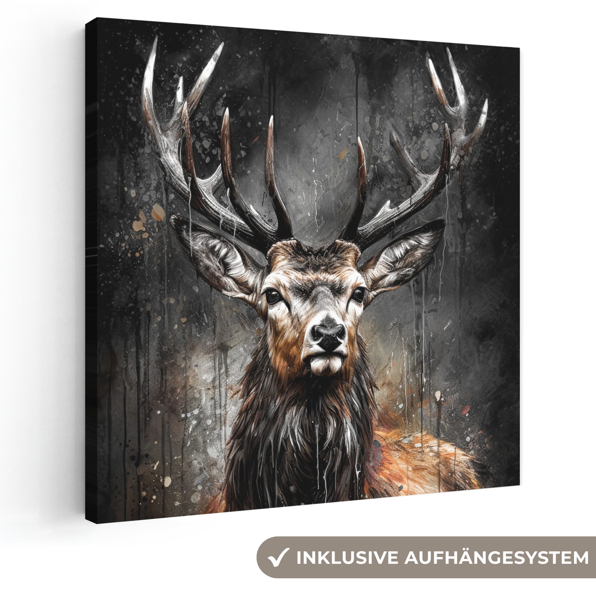 OneMillionCanvasses® Leinwandbild Hirsch - Schwarz - Tier - Hirschkopf, Fotodruck (1 St), Wandbild, Deko Schlafzimmer Wohnzimmer Flur 20x20 cm
