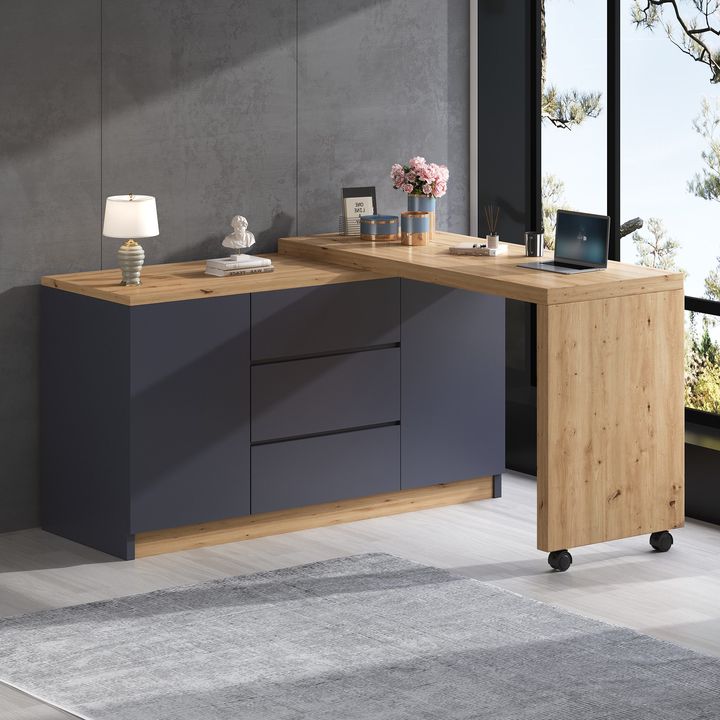Flieks Kommode mit 360° drehbare Tisch, Rollen und Schubladen (2 St., mit verstellbaren Einlegeböden), Schreibtisch Sideboard Mehrzweckschrank Arbeitstisch grau&Eiche
