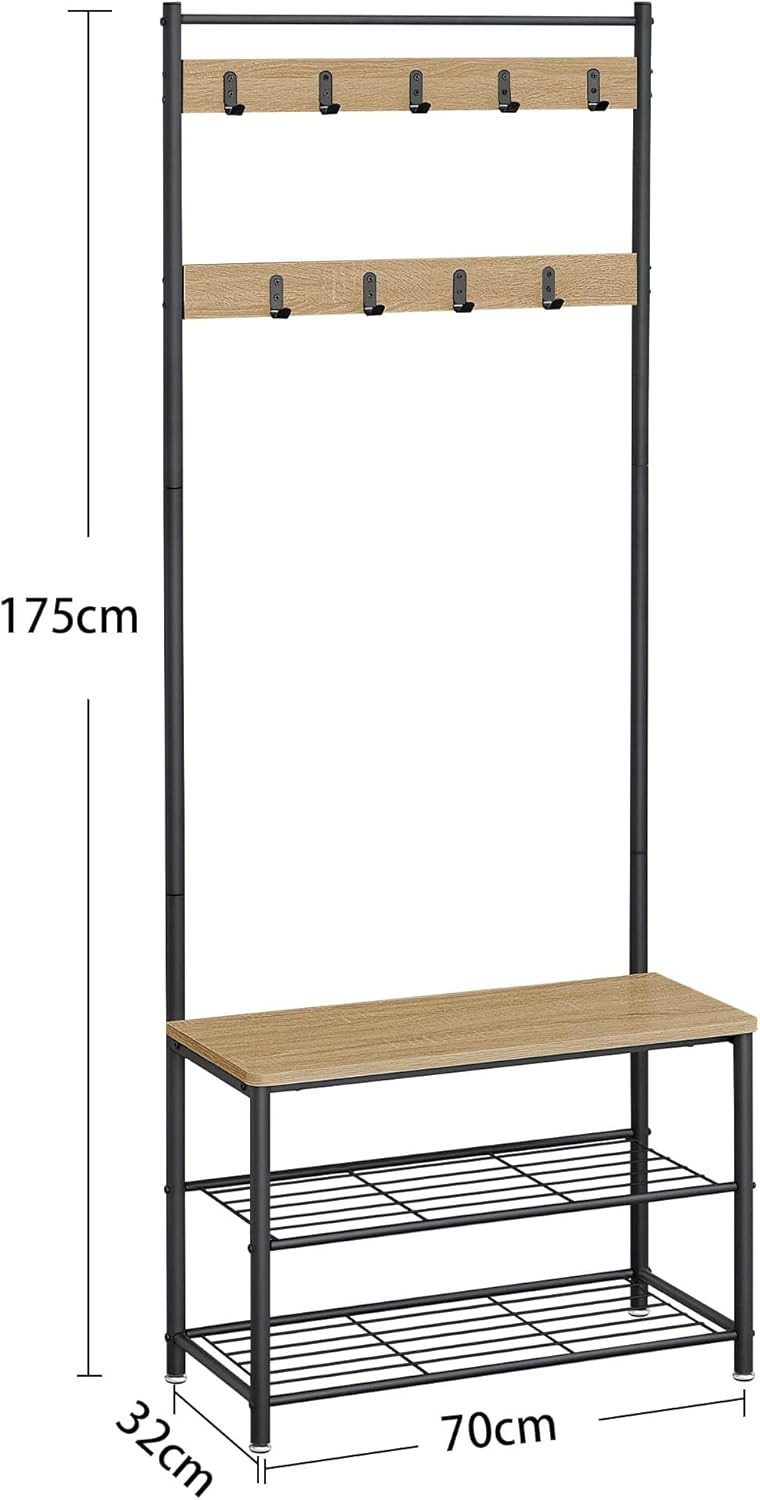Best for Home TV-Rack Garderobenständer mit Sitz & Schuhablagen – Sonoma & Schwarz (Einzelartikel, 1 St., Einzelartikel), Sitzbank integriert, platzsparend