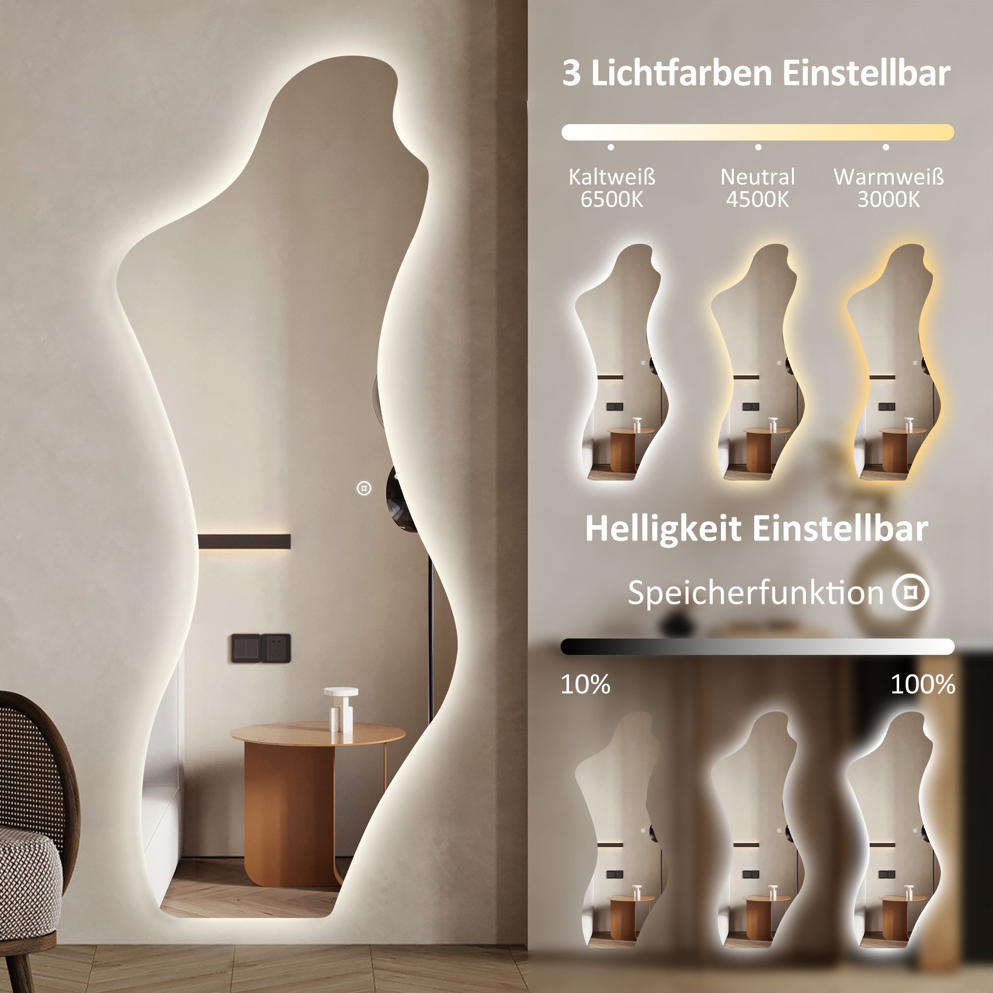 WDWRITTI Wandspiegel LED Ganzkörperspiegel Dekospiegel gross Flurspiegel Rahmenlos (Spiegel mit Beleuchtung, Frauenfigur 165x65cm), Lichtfarben & Helligkeit einstellbar