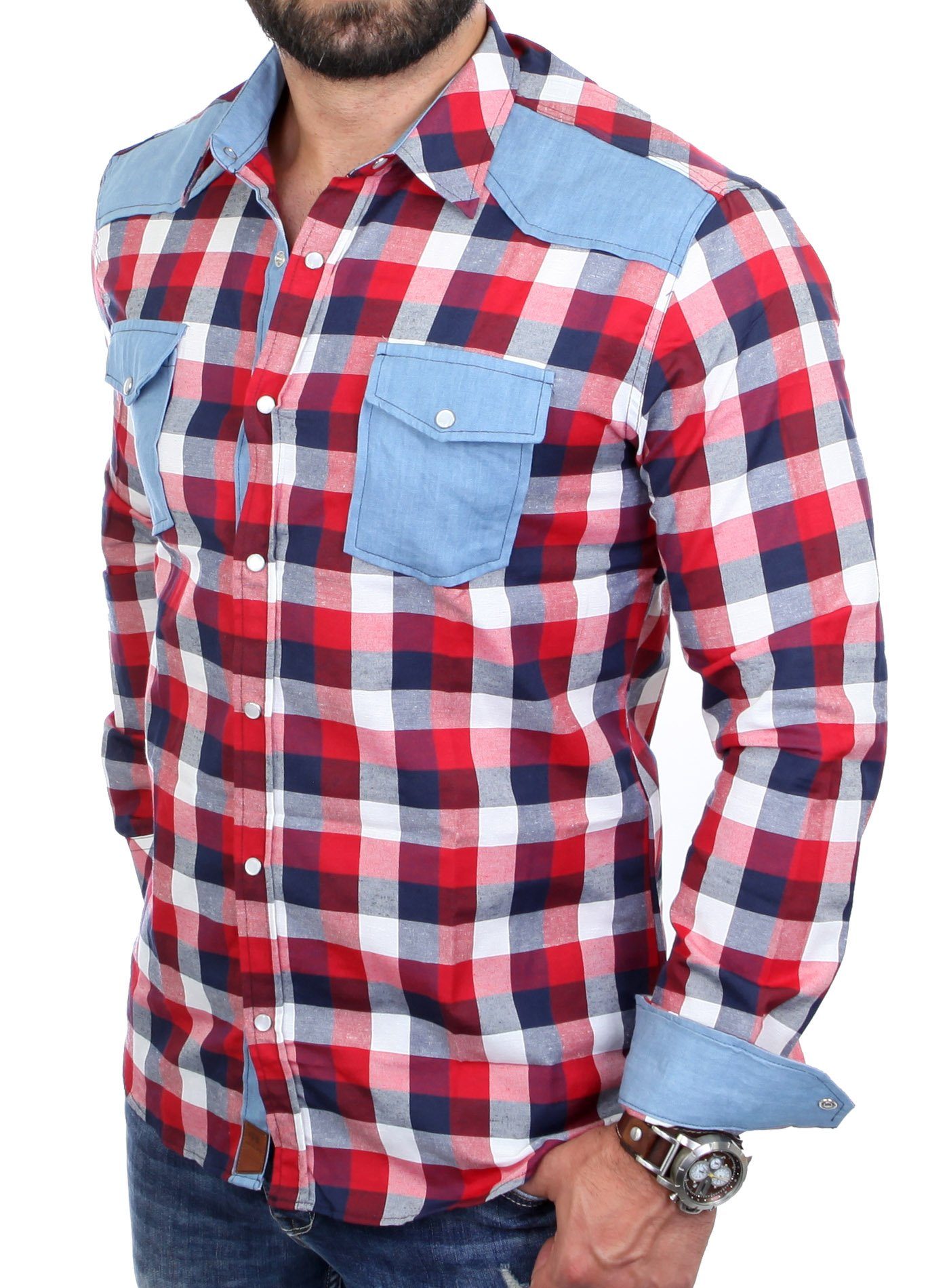 Reslad Langarmhemd Reslad Herren Hemd Karo Material-Mix Jeans RS-7202 (Herr günstig online kaufen