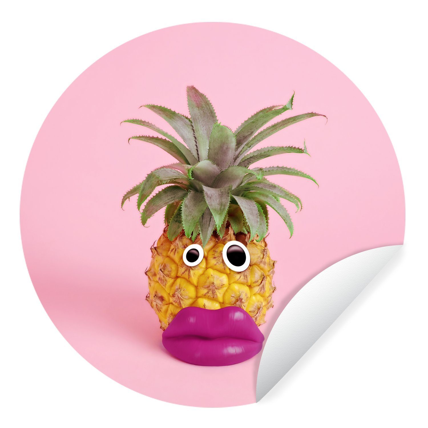 MuchoWow Wandsticker Ananas mit Gesicht aus falschen Lippen und Kulleraugen (1 St), Tapetenkreis für Kinderzimmer, Tapetenaufkleber, Rund, Wohnzimmer