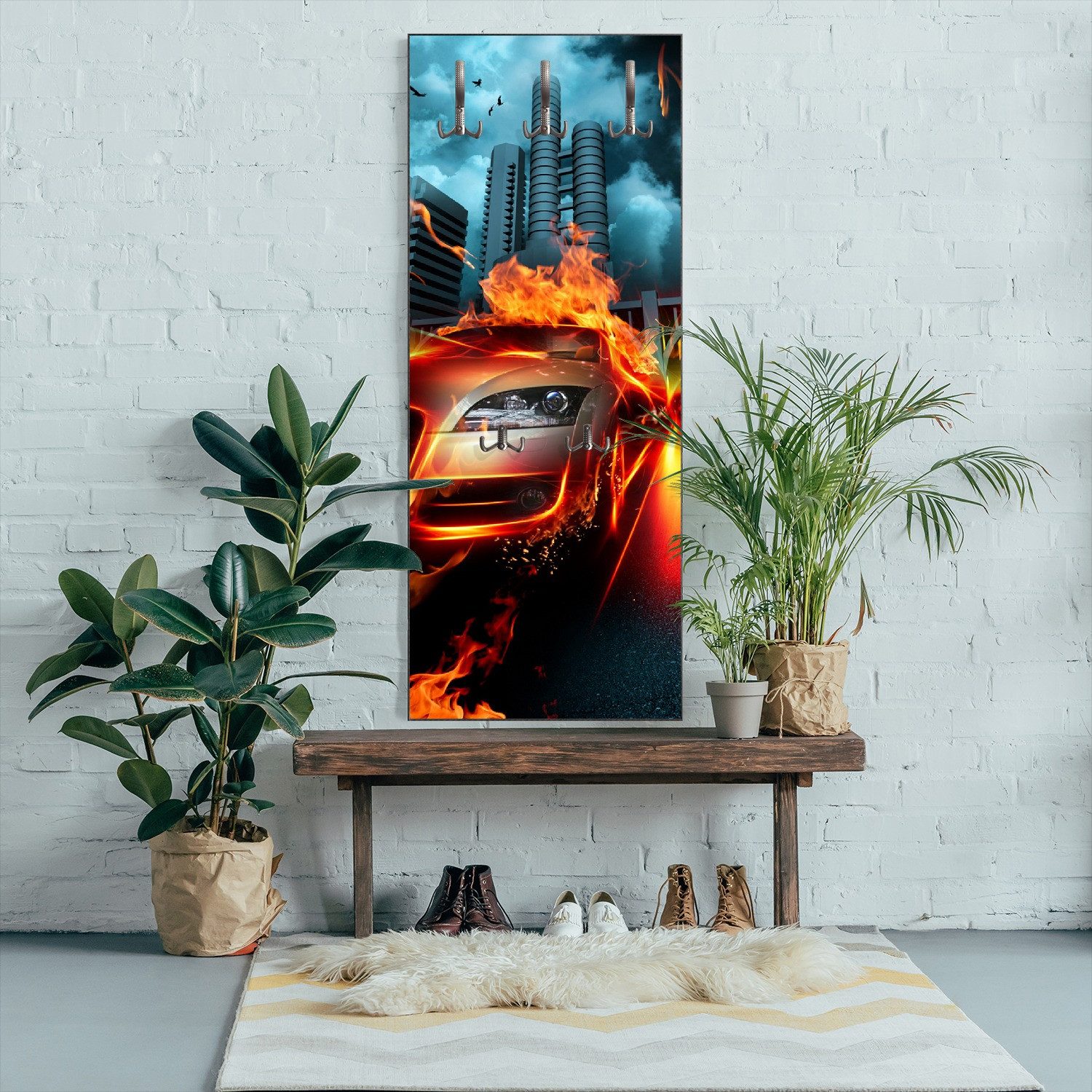 Wallario Garderobenpaneel Brennendes fahrendes Auto (1-teilig, inkl. Haken und Befestigung), 50x125cmHolz