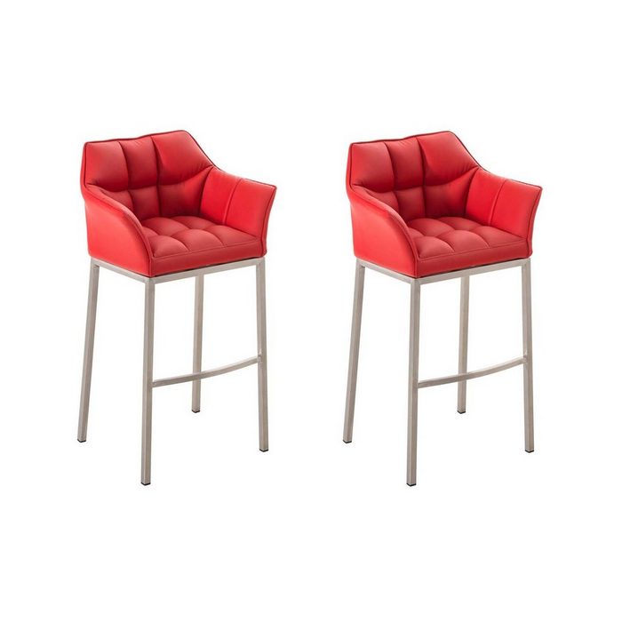 TPFLiving Barhocker Damaso (Set 2 St. mit Rückenlehne und Fußstütze - Hocker für Theke & Küche) 4-Fuß Gestell Edelstahl - Sitzfläche: Kunstleder Rot