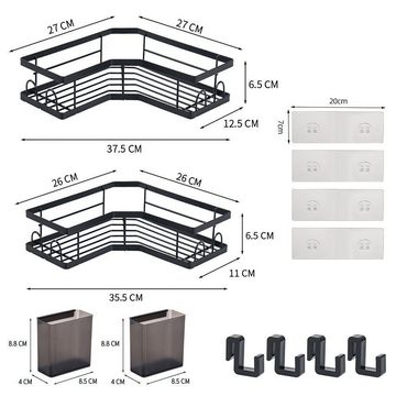 Fivejoy Duschablage No-Punch Bad Dreibein Wandmontage Ecke Regal Organizer, Duschkorb mit 4 Haken, 2-teilig, rostfrei, schwarz