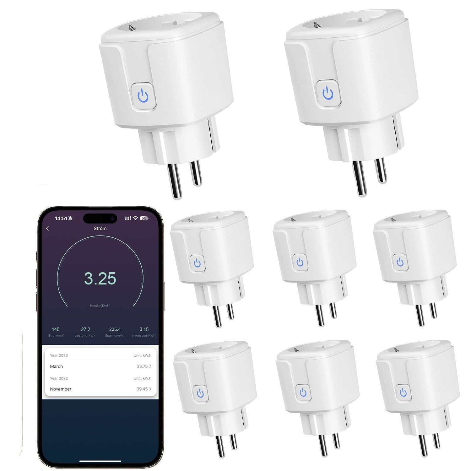 Steckdose 8er Set WLAN Smart Steckdosen,16A Smart Plugs mit App-Steuerung