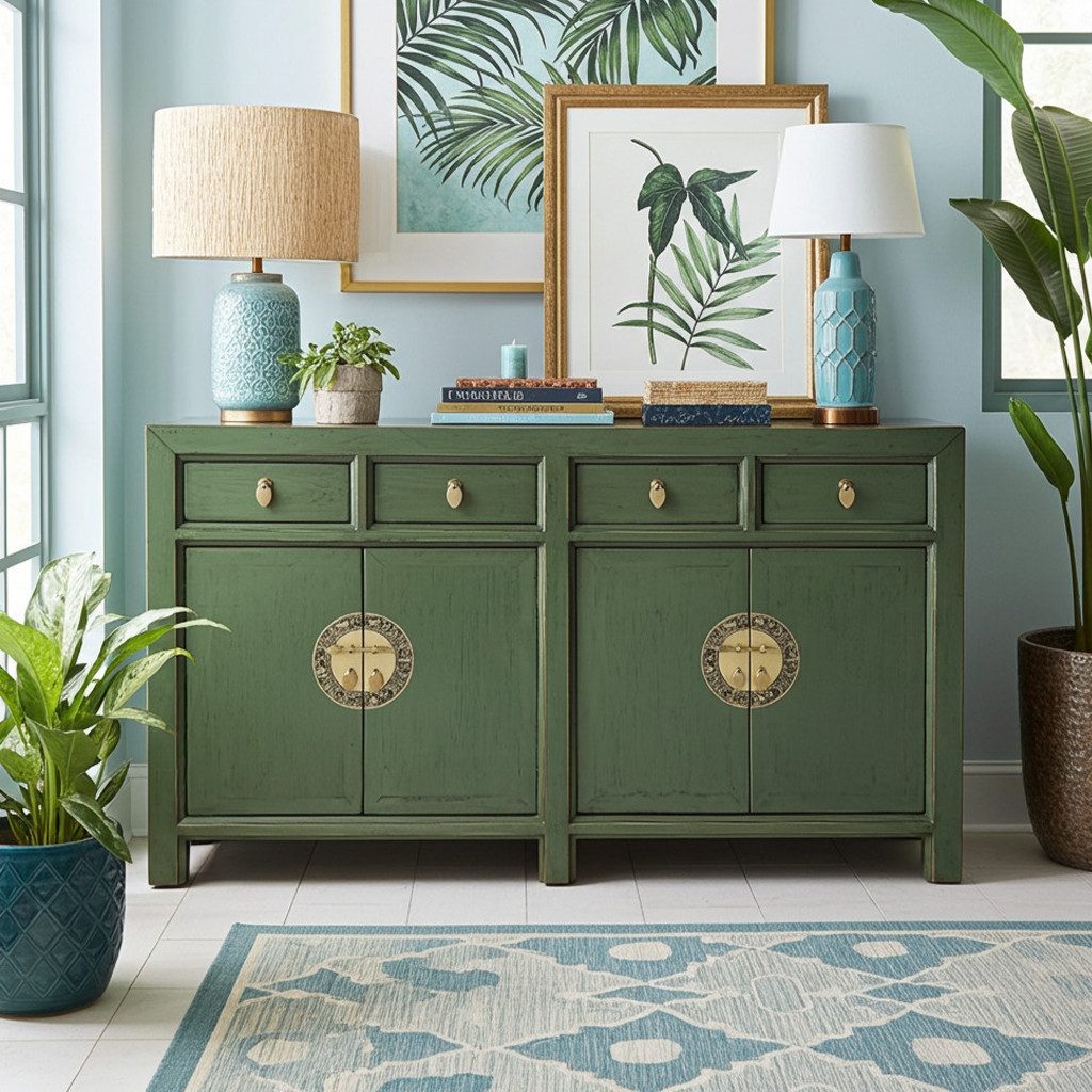 OPIUM OUTLET Sideboard Kommode Schrank Hochzeitsschrank Asia Möbel (Breite x Tiefe x Höhe: 150 cm x 40 cm x 85 cm, komplett montiert, oliv), chinesisch asiatisch orientalisch vintage