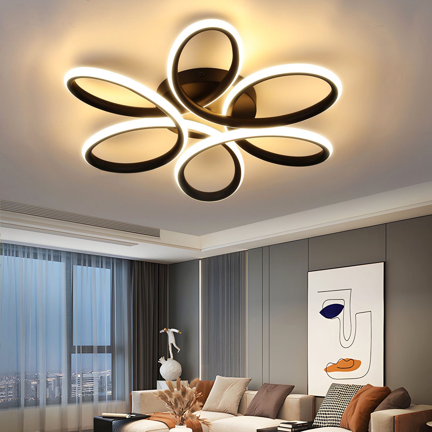 oyajia LED Deckenleuchte 36W/60W Modern Schwarz LED Deckenlampe in Blumenförmiges Design 3000K, LED fest integriert, Warmweiß, LED Deckenleuchte für Wohnzimmer Schlafzimmer Küche Flur Büro