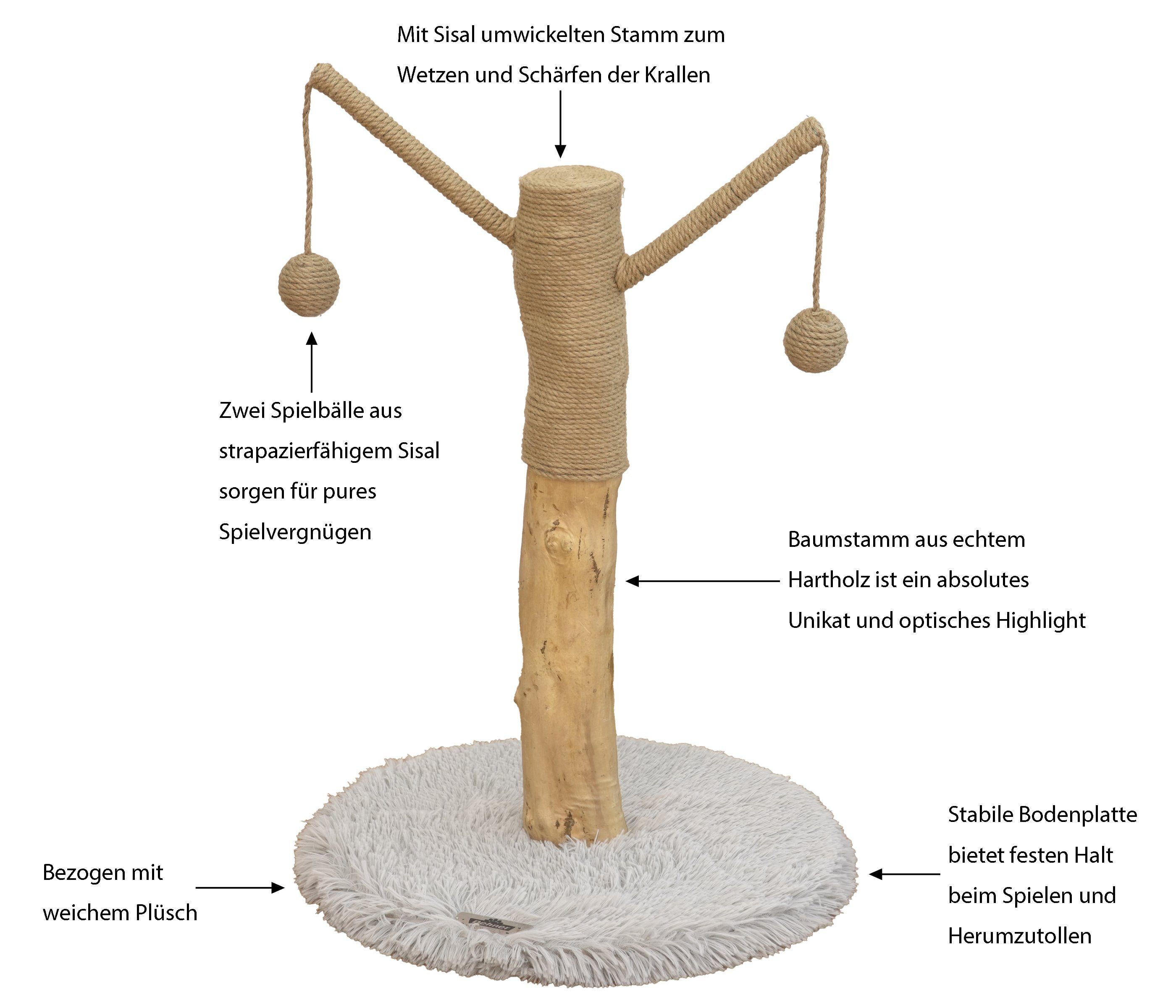 Dehner Kratzbaum Lovely Baumstamm, 80 x 45 x 45 cm, Holz / Plüsch / Sisal, stabiler Spielbaum mit Sisal-Kratzstamm und kuscheligem Standfuß