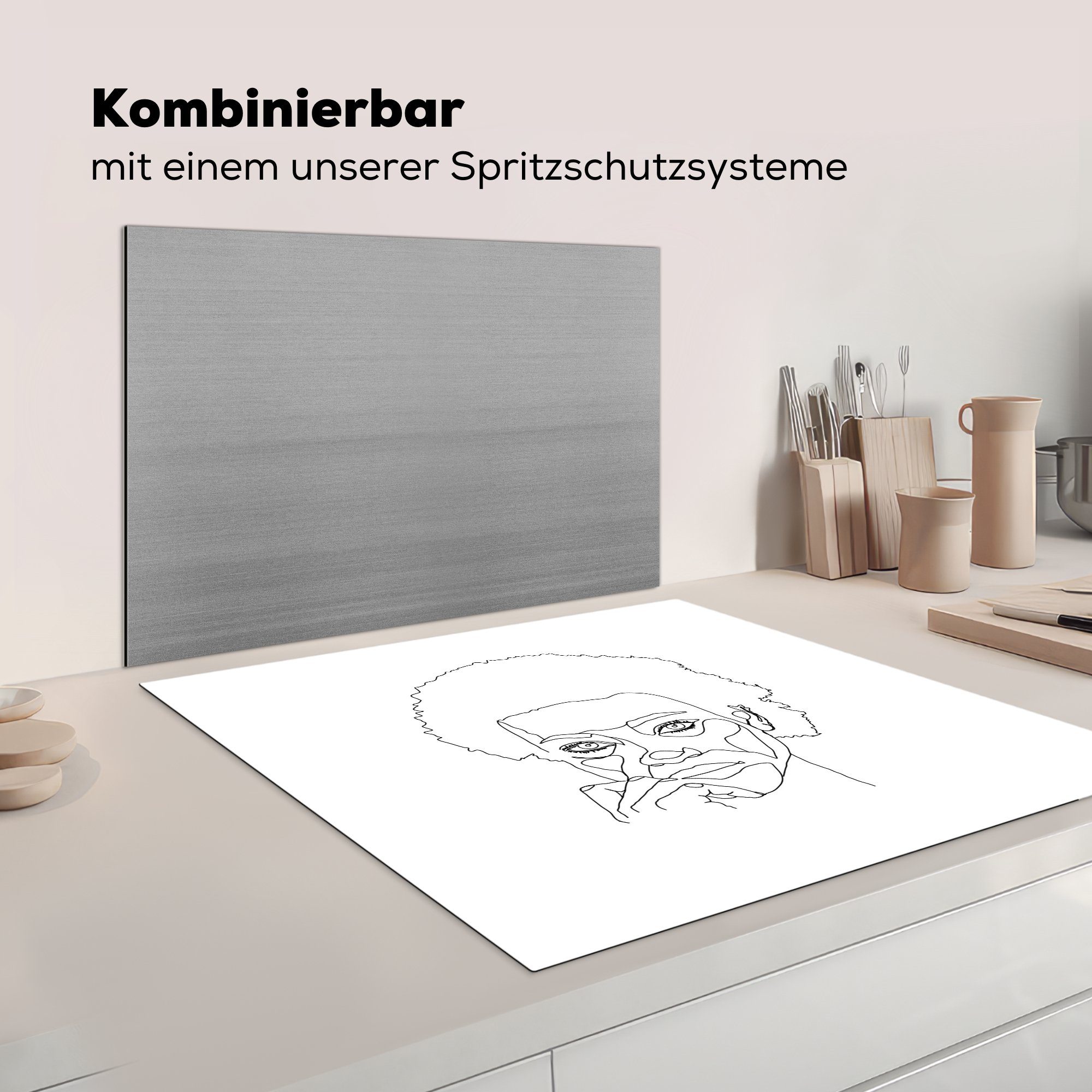 cm, - Arbeitsplatte tlg), - Frau 78x78 Strichzeichnung, Herdblende-/Abdeckplatte Weiß Schwarz Vinyl, für Ceranfeldabdeckung, küche - (1 MuchoWow