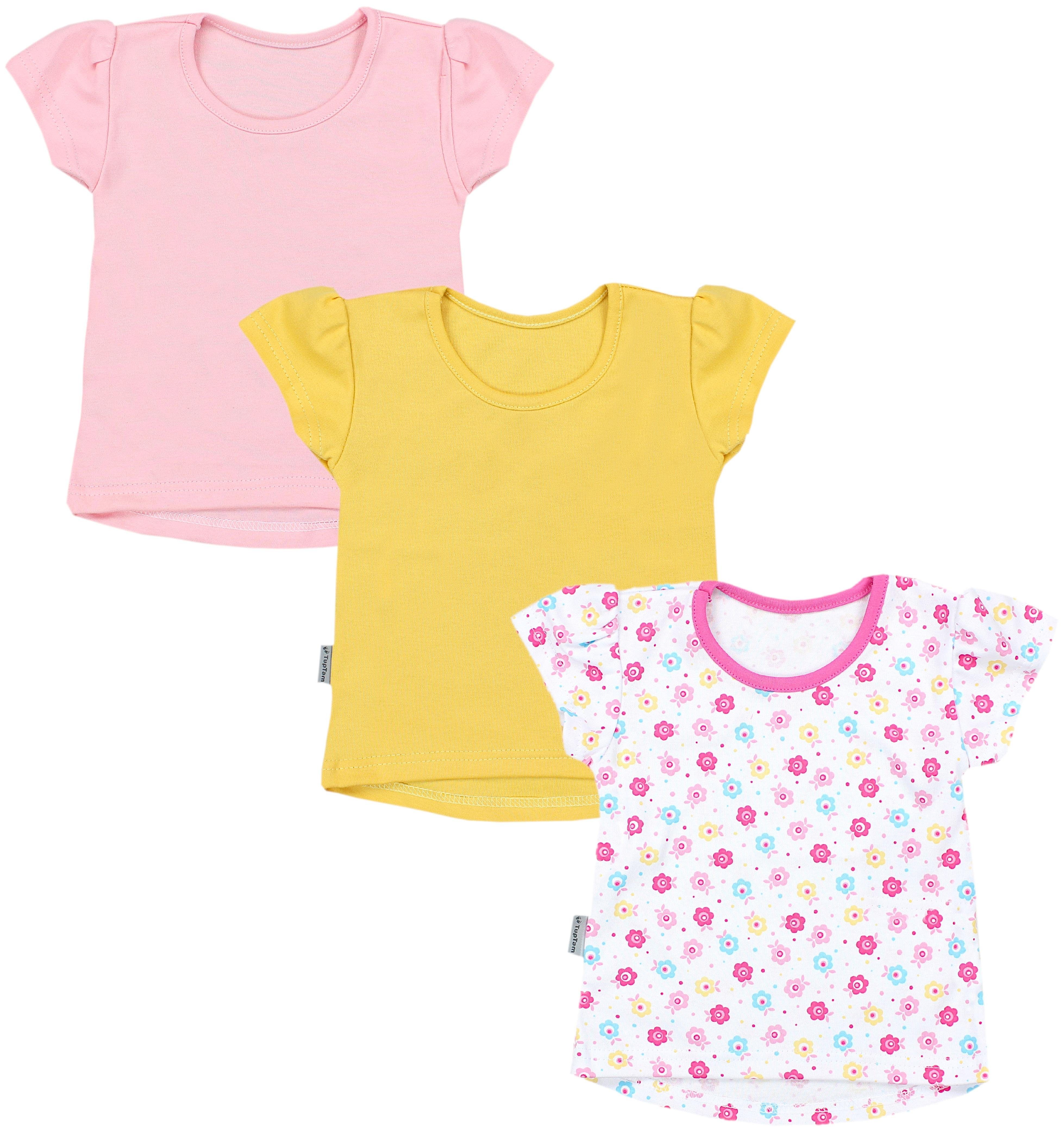 TupTam T-Shirt Baby Mädchen Sommer Kurzarm Shirt Tunika Kleinkind T-Shirt 3er Pack (3-tlg) 3er Pack Gelb/Koralle/Blümchen Rosa