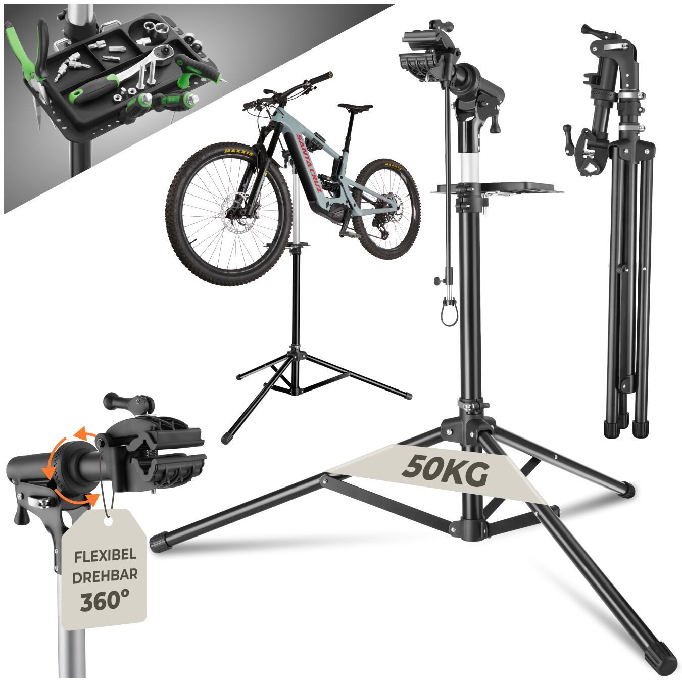 tectake Fahrrad-Montageständer Fahrrad-Set Reparaturständer Tristang, E-Bike geeignet (Komplettset, bis 50kg), bis 50kg, E-Bike geeignet