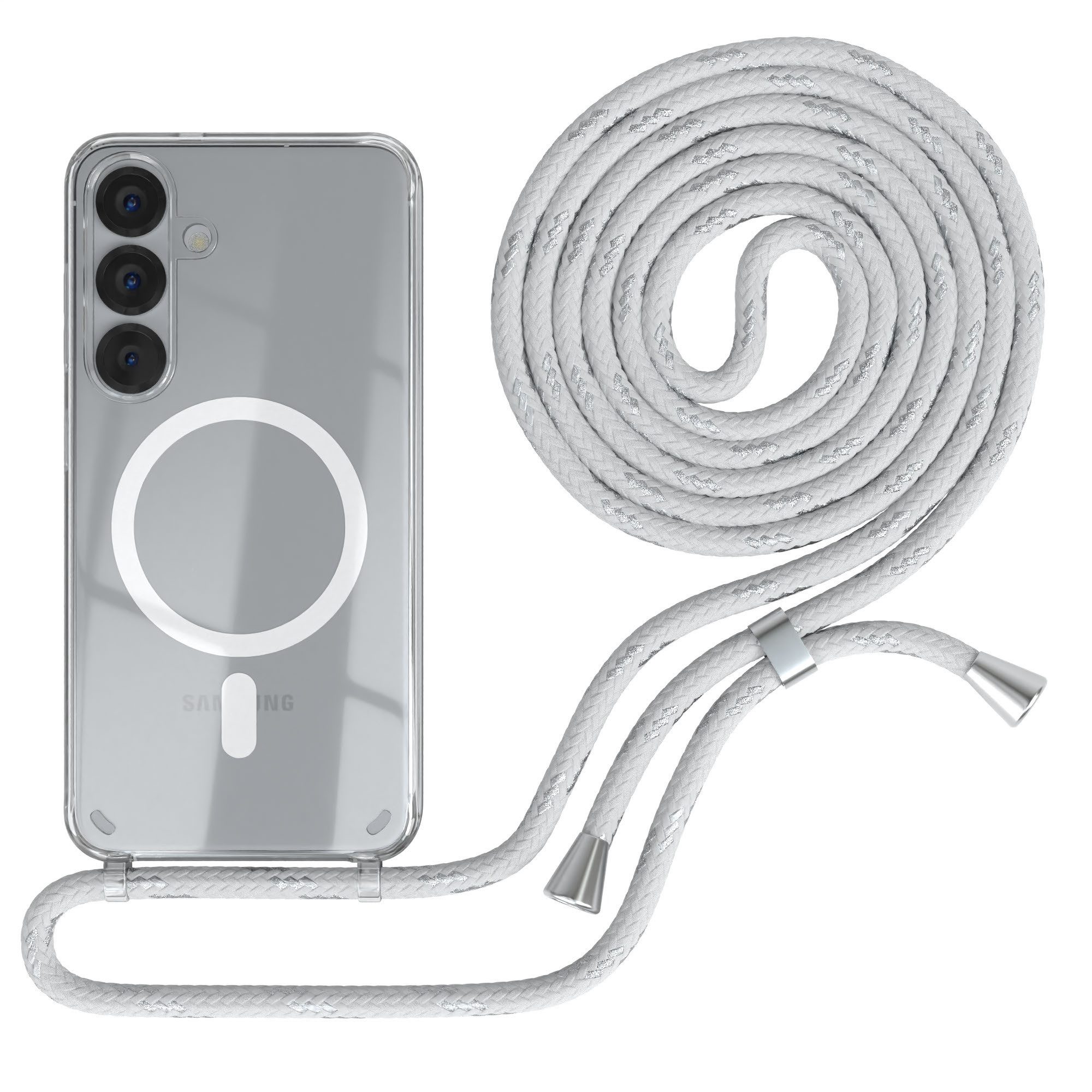 EAZY CASE Handykette mit Magsafe Hülle für Galaxy S25 6,2 Zoll, Handykordel Qi-Case Slimcover mit Umhängeband zum Umhängen Weiß Silber