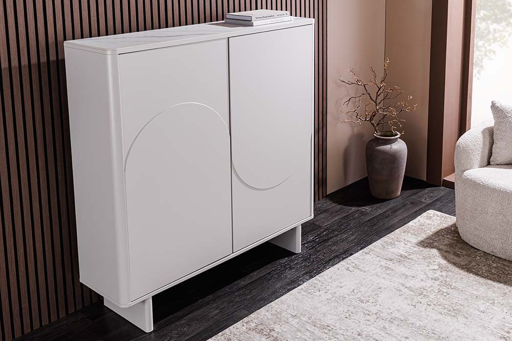 riess-ambiente Highboard SAVOY 130cm kaschmir weiß – Marmor-Optik, Keramik-Platte, 3D-Front (Einzelartikel, 1 St), Stauraum-Möbel mit edlem Materialmix – ideal für moderne Wohnzimmer