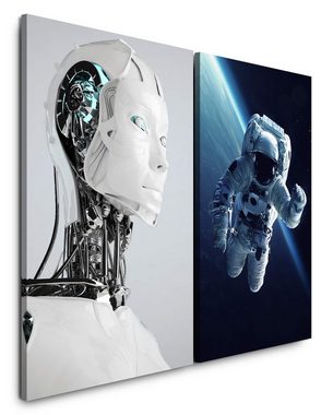Sinus Art Leinwandbild 2 Bilder je 60x90cm Cyborg Roboter Astronaut Weltall Nasa Technik Erde