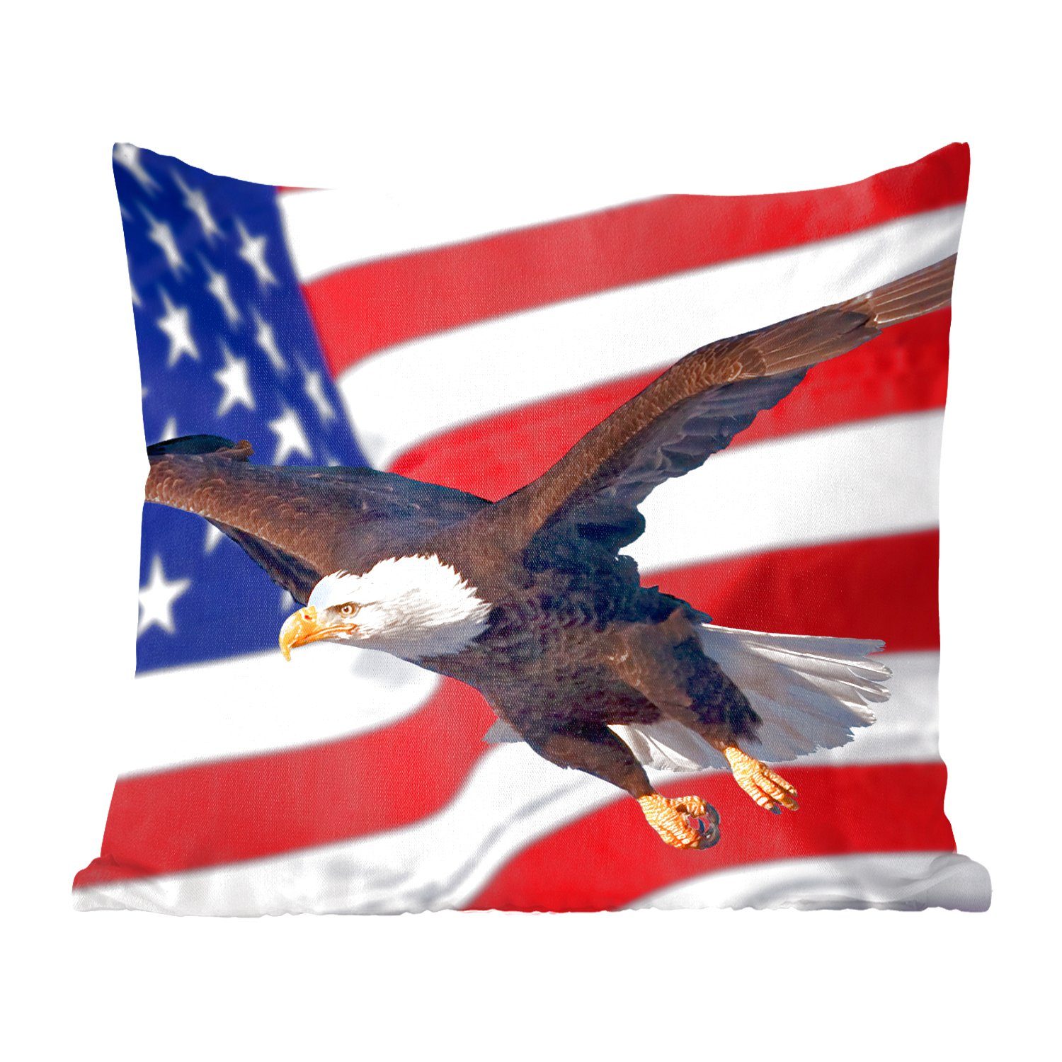 MuchoWow Dekokissen Amerikanischer Weißkopfseeadler vor der amerikanischen Flagge, Zierkissen mit Füllung für Wohzimmer, Schlafzimmer, Deko, Sofakissen