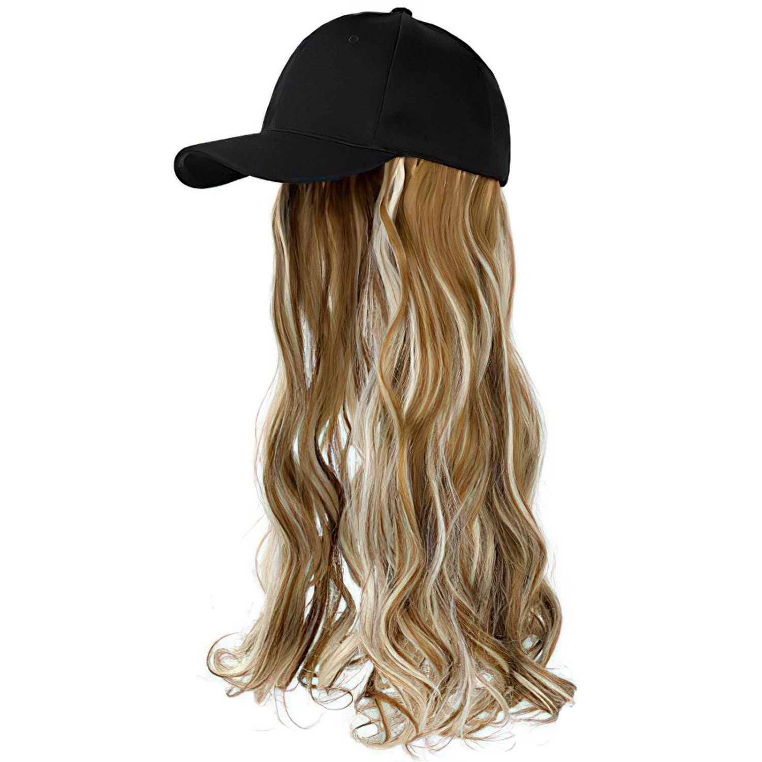 Refttenw Baseball Cap mit Lange Welle Perücke, Synthetische Gewellte Perücke 66 cm Langes Haaren + Verstellbare Schwarze Kappe