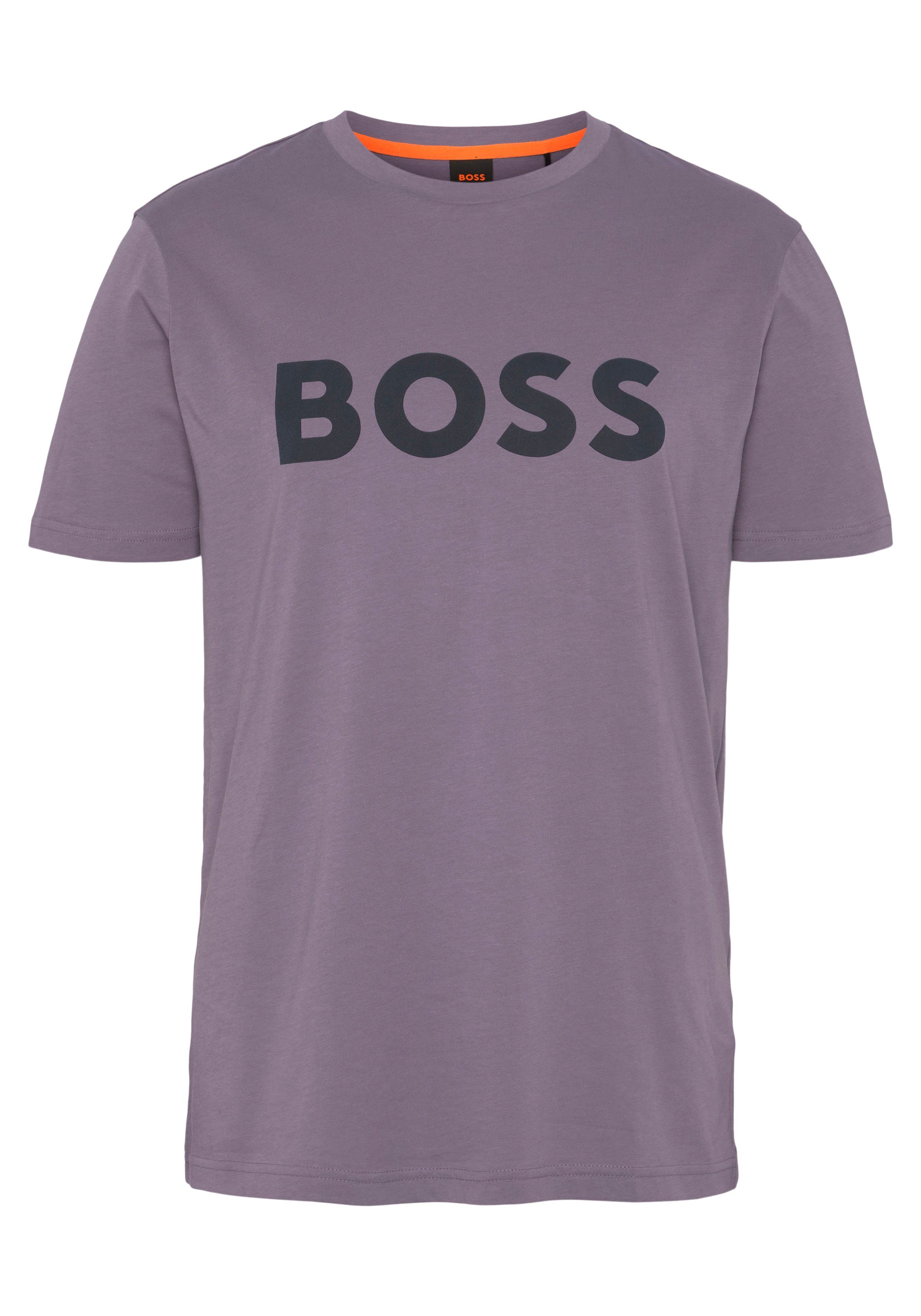BOSS ORANGE T-Shirt Thinking 1 10246016 01 mit großem BOSS Druck auf der Brust purple511