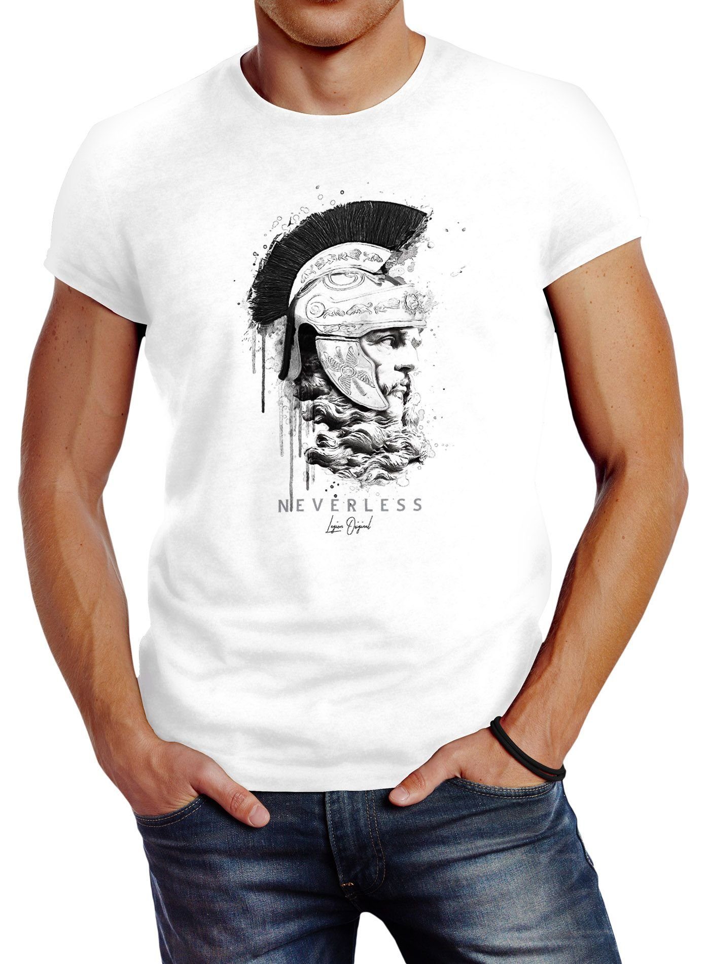 T-Shirt Streetstyle Print weiß Herren Spartaner Print-Shirt Krieger Sparta mit Neverless® Helm Fashion Kopf Neverless