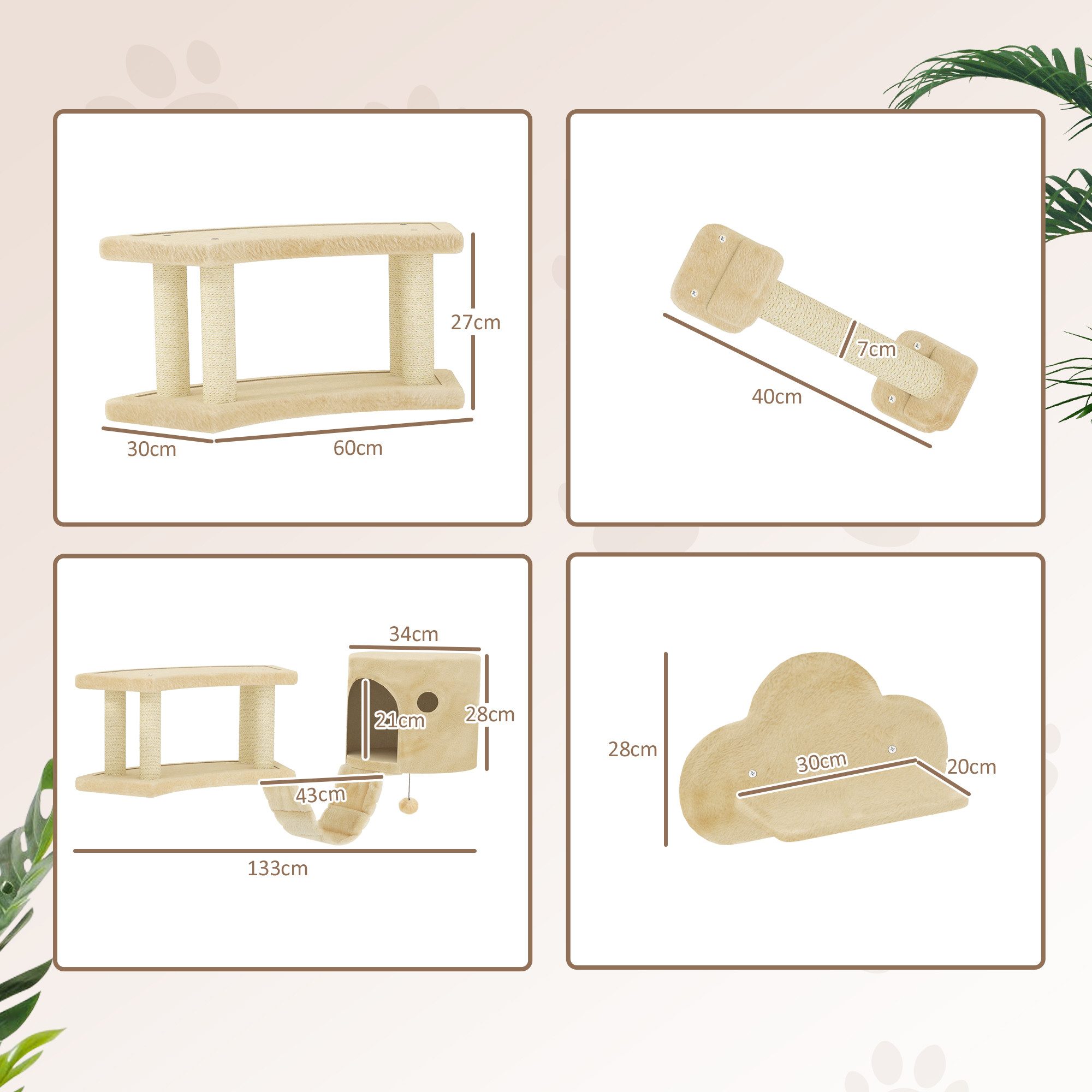 PawHut Katzen-Kletterwand mit Kratzstamm, Sprungplattformen, Leiter, Haus, Katzen-Wandgerüst, für Katzen bis 5 kg, Plüsch, Beige