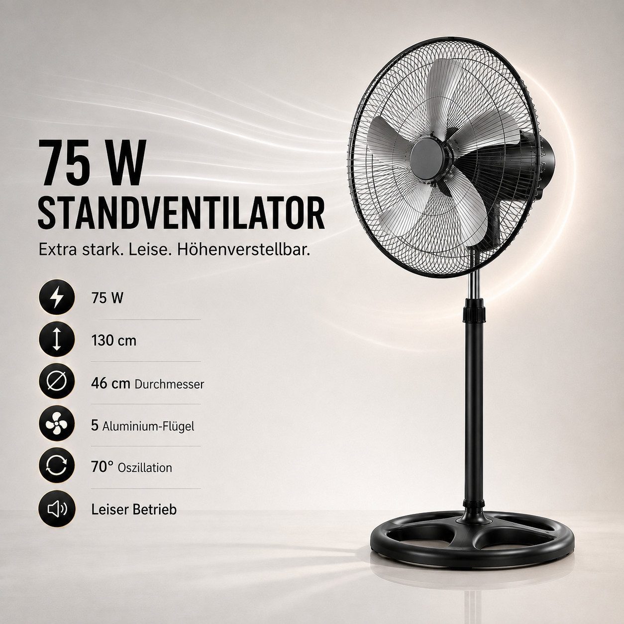 Ertex Standventilator Stand Ventilator 75W Metro 130cm Höhe Turmventilator Kühler STARK
