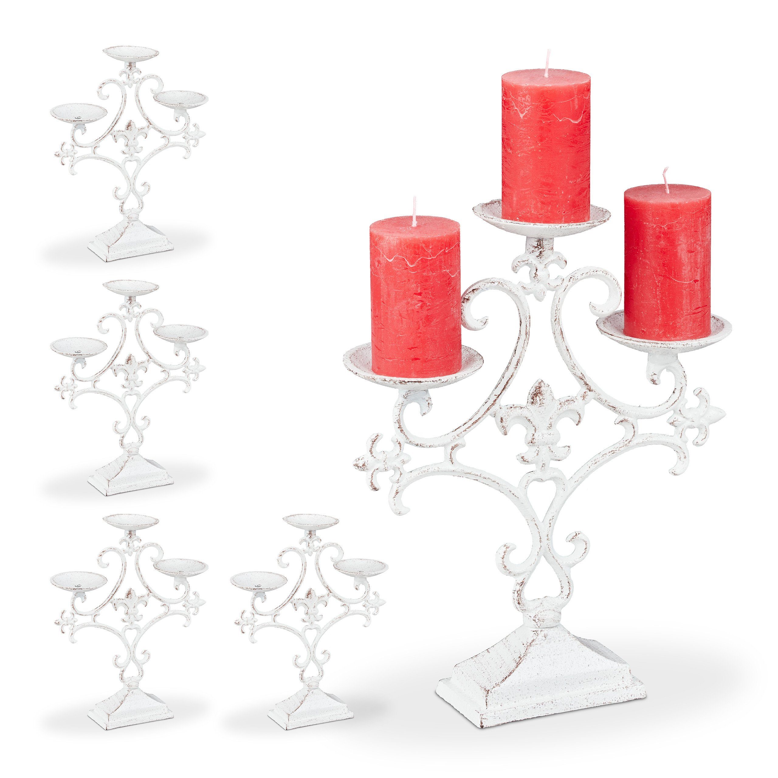relaxdays Kerzenständer 5 x Kerzenständer dreiarmig weiß | Kerzenständer
