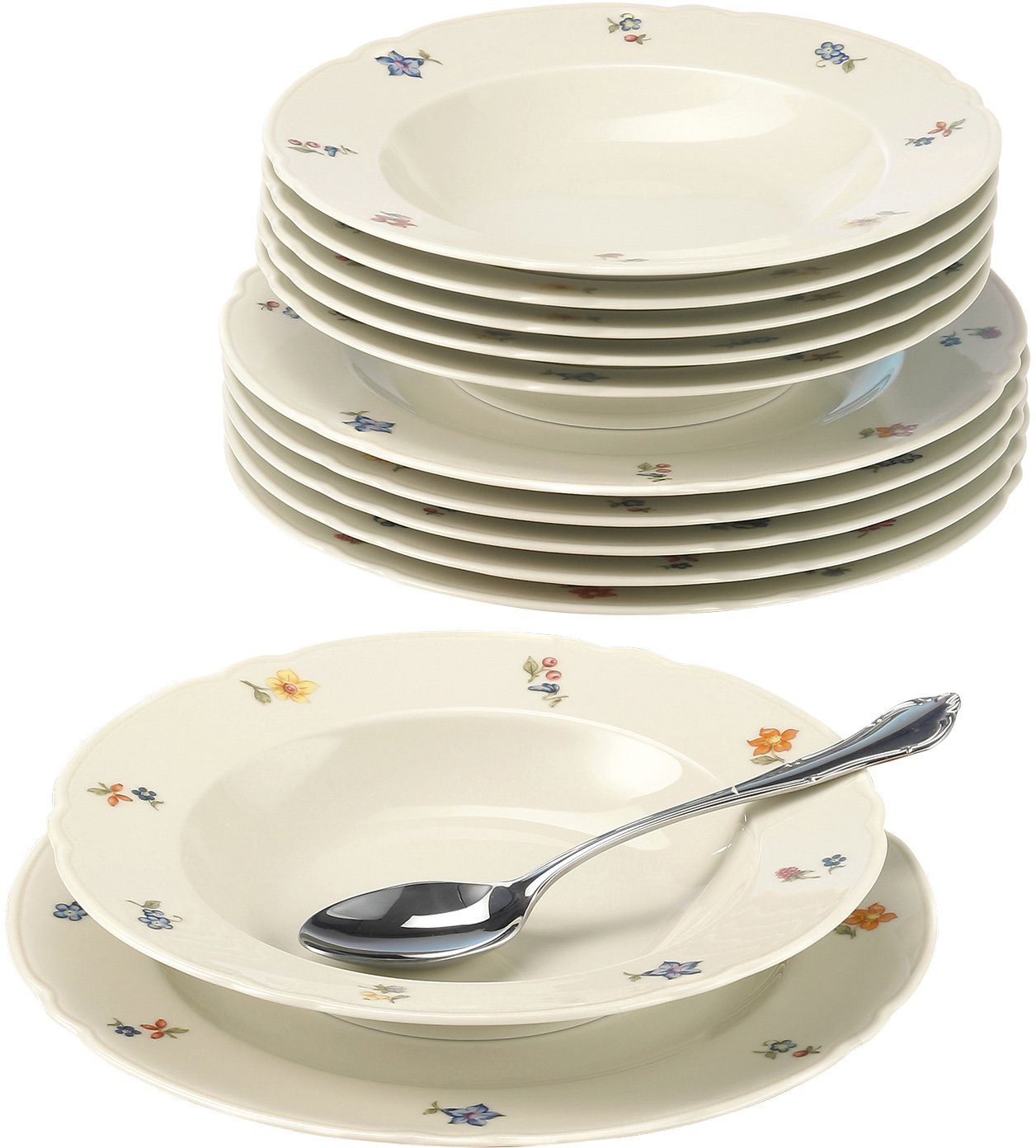 Seltmann Weiden Сервірування столу Teller Set, Geschirr-Set Marieluise (12-tlg), 6 Personen, Porzellan, Made in Germany, 12 Teile, für 6 Personen