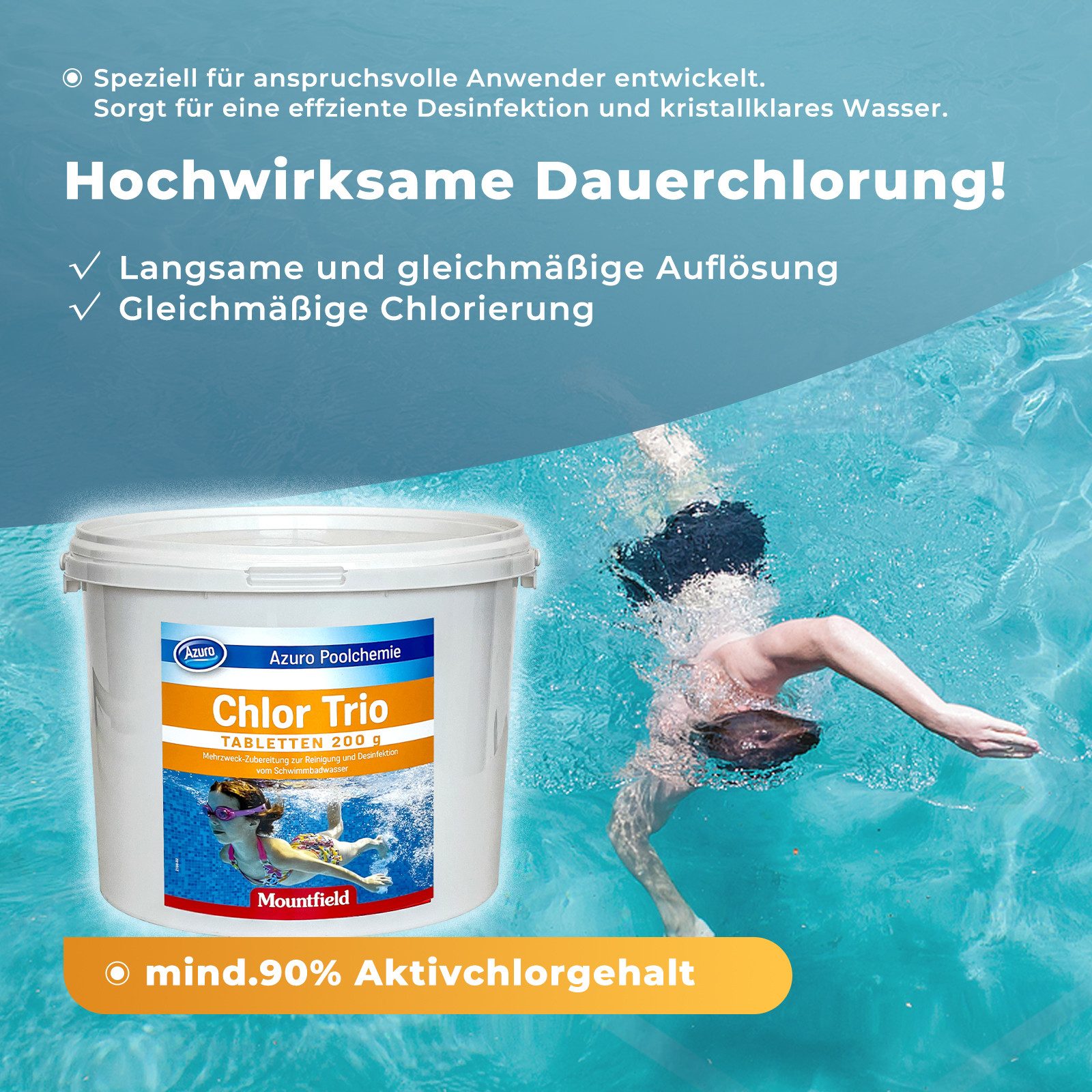Azuro Chlortabletten Poolpflege Chlortabs 200g langsamlöslich, Chlor Langzeittabletten, (1kg, 3kg, 5kg, Hergestellt in Europa), zur dauerhaften Chlorung von Pool und Schwimmbad), Hochwirksam gegen Bakterien und Pilze