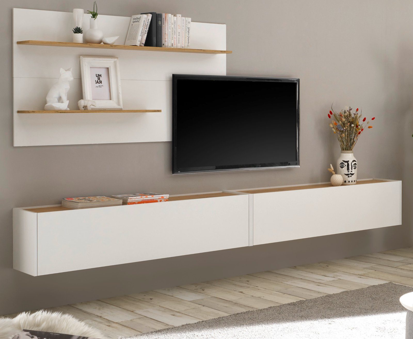 (Wohnzimmer Breite Set TV anpassbar Wotan 300 in an Center, Furn.Design Höhe mit Eiche, weiß Wohnwand hängend, cm), Gerät