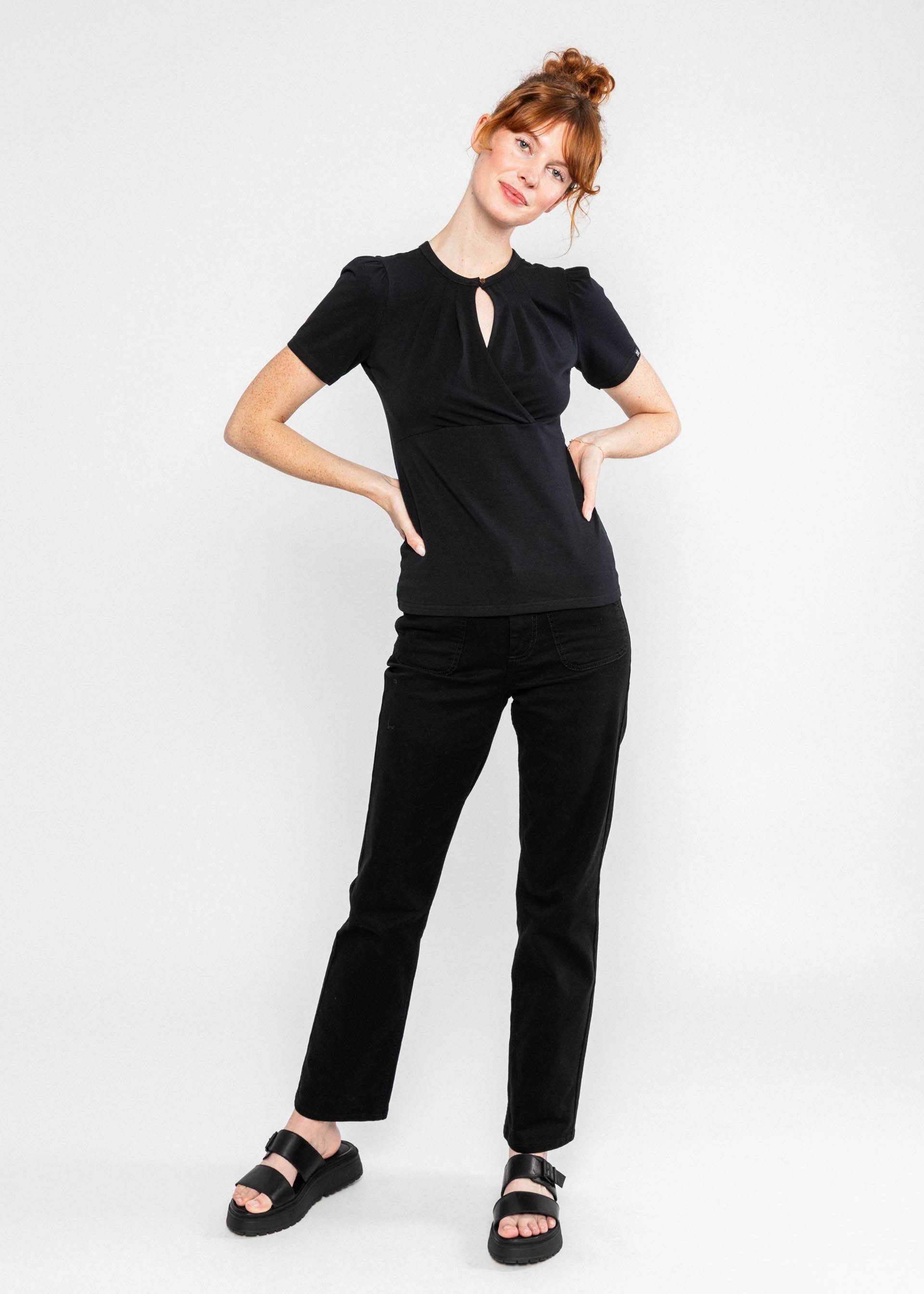 Blutsgeschwister T-Shirt - Damen T-Shirt schwarz - Wickeloptik Rundhals - Baumwolle Stretch