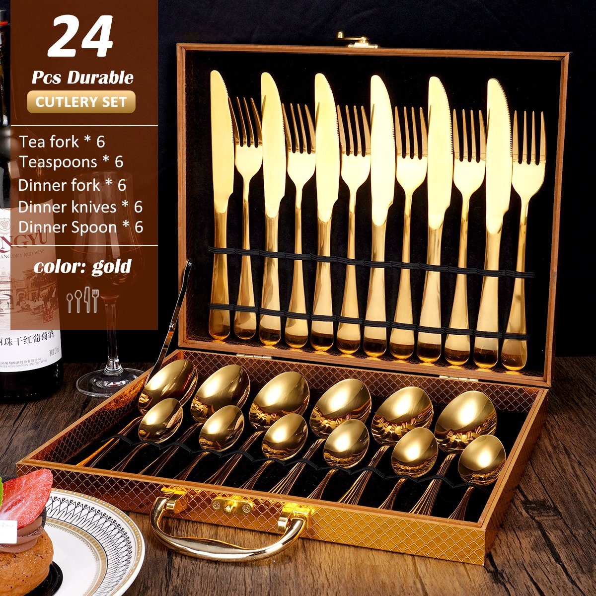 Faizee Möbel Besteck-Set Besteck-Set Edelstahl Besteck Set 24-tlg Messer Gabel Löffel Wood Box (24-tlg), Edelstahl